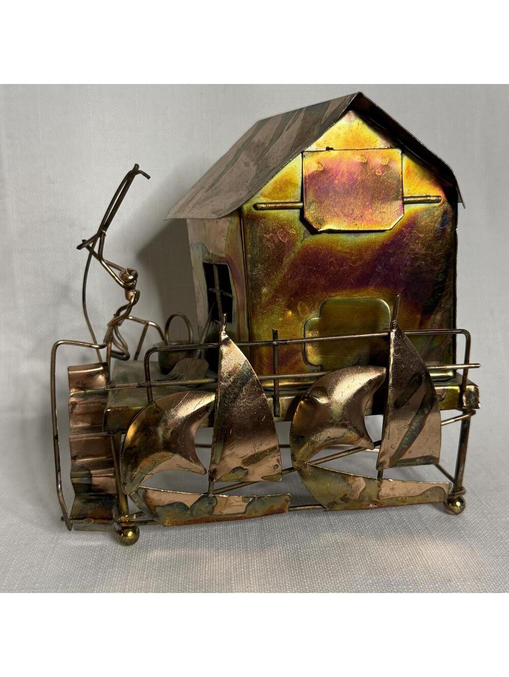 Vintage Berkeley Design Copper & Brass Fisherman Music Box-Kinetic Brutalist Art